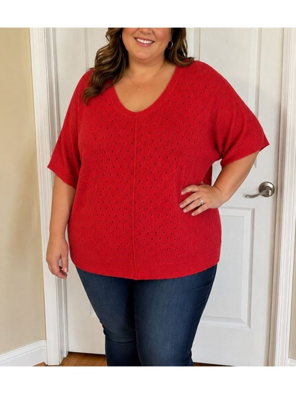 Sag Harbor Coral Scoop Neck Open Knit Sweater Coastal Lightweight Shirt Stretch